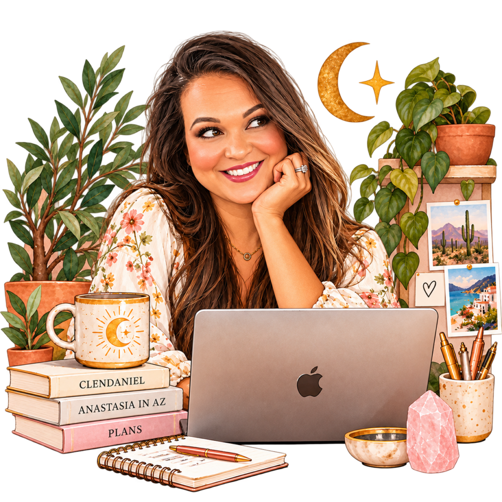 Illustration of Anastasia at her desk with plants and a crescent moon