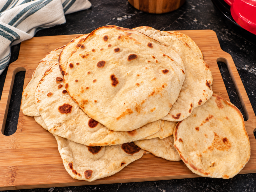 Stack of homemade naan flatbreads with browned and blistered spots on a wooden cutting board.